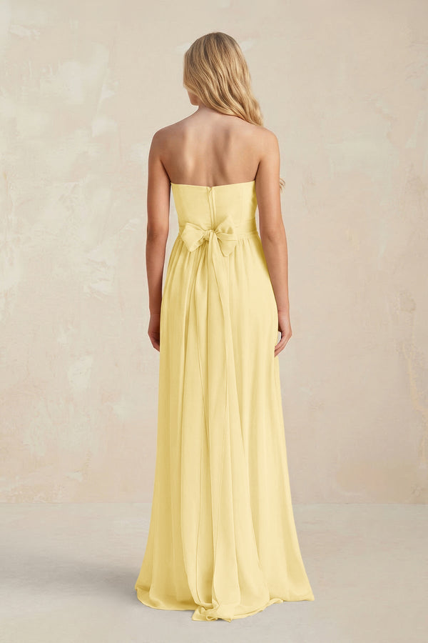 Strapless A - Line Pleated Chiffon Bridesmaid Dress With Slit in Pastel Yellow - KissProm Bridesmaid Dresses