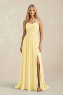 Strapless A - Line Pleated Chiffon Bridesmaid Dress With Slit in Pastel Yellow - KissProm Bridesmaid Dresses