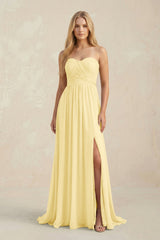 Strapless A - Line Pleated Chiffon Bridesmaid Dress With Slit in Pastel Yellow - KissProm Bridesmaid Dresses