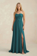 Strapless A - Line Pleated Chiffon Bridesmaid Dress With Slit in Pine - KissProm Bridesmaid Dresses