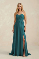 Strapless A - Line Pleated Chiffon Bridesmaid Dress With Slit in Pine - KissProm Bridesmaid Dresses