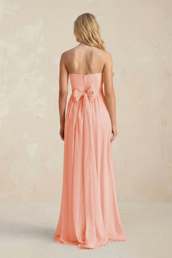 Strapless A - Line Pleated Chiffon Bridesmaid Dress With Slit in Rose Petal - KissProm Bridesmaid Dresses