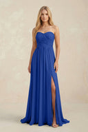 Strapless A - Line Pleated Chiffon Bridesmaid Dress With Slit in Royal Blue - KissProm Bridesmaid Dresses