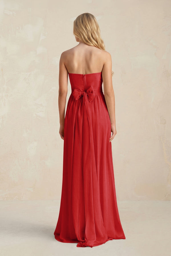 Strapless A - Line Pleated Chiffon Bridesmaid Dress With Slit in Ruby Red - KissProm Bridesmaid Dresses