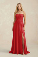 Strapless A - Line Pleated Chiffon Bridesmaid Dress With Slit in Ruby Red - KissProm Bridesmaid Dresses