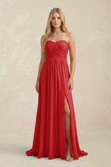 Strapless A - Line Pleated Chiffon Bridesmaid Dress With Slit in Ruby Red - KissProm Bridesmaid Dresses