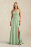 Strapless A - Line Pleated Chiffon Bridesmaid Dress With Slit in Sage - KissProm Bridesmaid Dresses