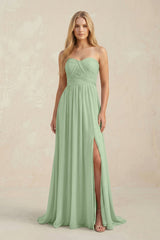 Strapless A - Line Pleated Chiffon Bridesmaid Dress With Slit in Sage - KissProm Bridesmaid Dresses