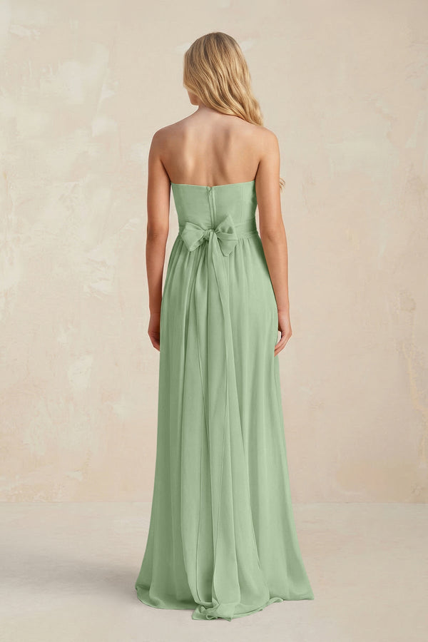 Strapless A - Line Pleated Chiffon Bridesmaid Dress With Slit in Sage - KissProm Bridesmaid Dresses