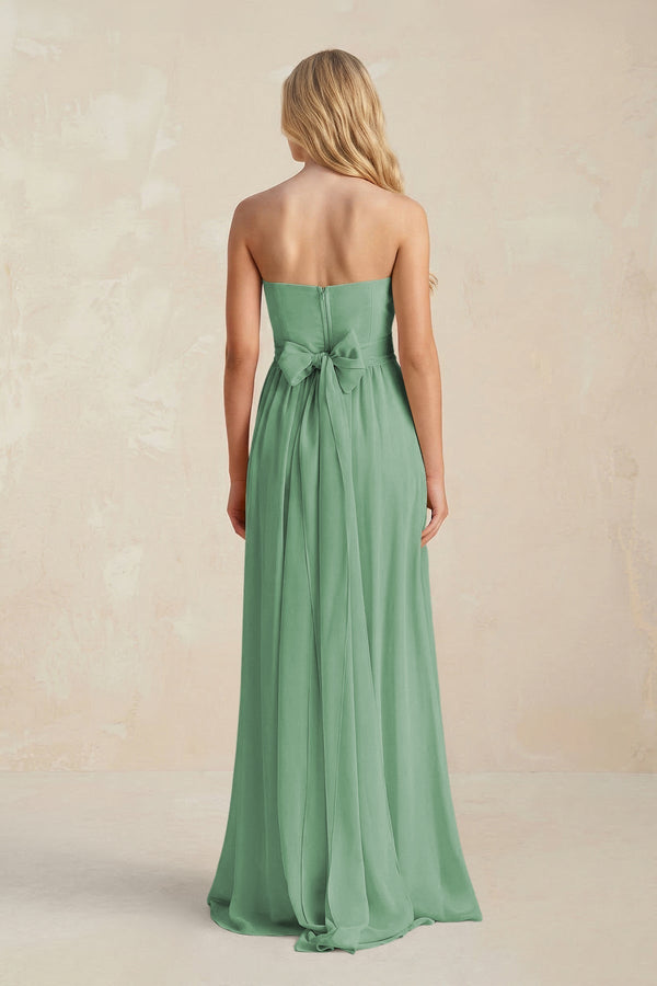 Strapless A - Line Pleated Chiffon Bridesmaid Dress With Slit in Sea Glass - KissProm Bridesmaid Dresses