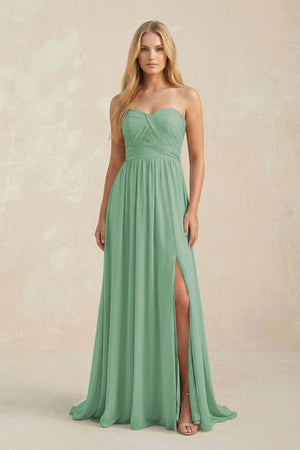 Strapless A - Line Pleated Chiffon Bridesmaid Dress With Slit in Sea Glass - KissProm Bridesmaid Dresses