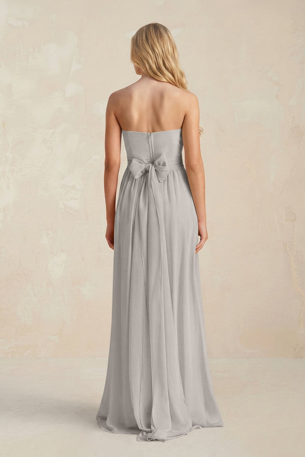 Strapless A - Line Pleated Chiffon Bridesmaid Dress With Slit in Silver - KissProm Bridesmaid Dresses