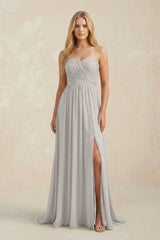 Strapless A - Line Pleated Chiffon Bridesmaid Dress With Slit in Silver - KissProm Bridesmaid Dresses