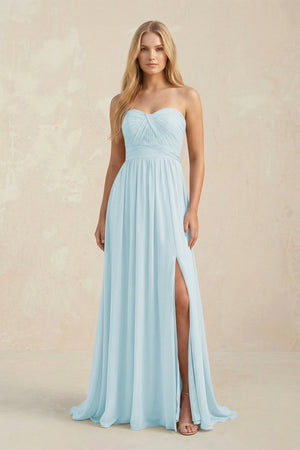 Strapless A - Line Pleated Chiffon Bridesmaid Dress With Slit in Sky Blue - KissProm Bridesmaid Dresses