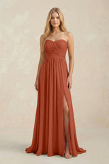 Strapless A - Line Pleated Chiffon Bridesmaid Dress With Slit in Spice - KissProm Bridesmaid Dresses