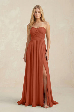 Strapless A - Line Pleated Chiffon Bridesmaid Dress With Slit in Spice - KissProm Bridesmaid Dresses