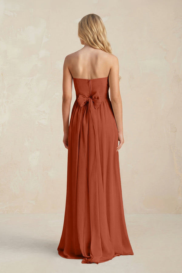 Strapless A - Line Pleated Chiffon Bridesmaid Dress With Slit in Spice - KissProm Bridesmaid Dresses