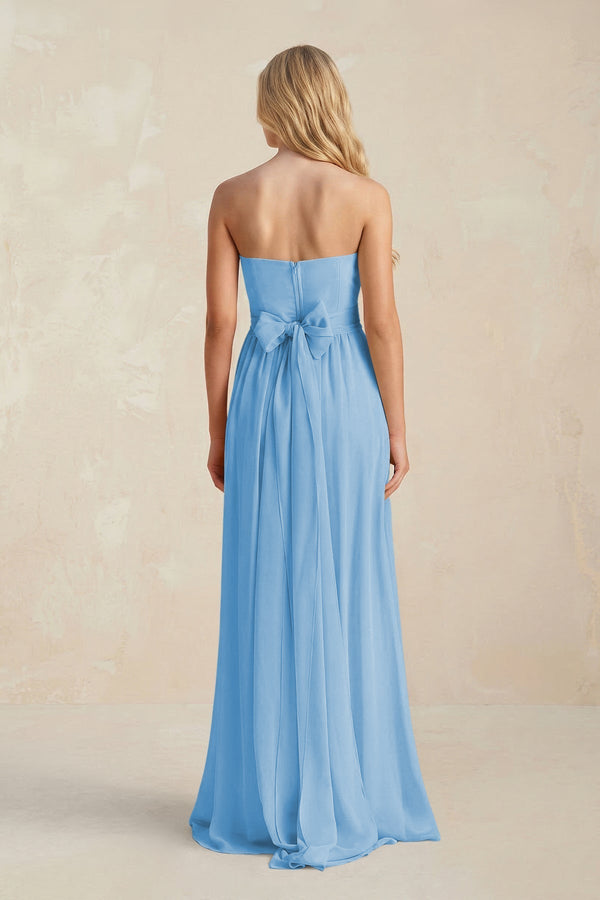 Strapless A - Line Pleated Chiffon Bridesmaid Dress With Slit in Steel Blue - KissProm Bridesmaid Dresses