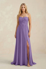 Strapless A - Line Pleated Chiffon Bridesmaid Dress With Slit in Tahiti - KissProm Bridesmaid Dresses