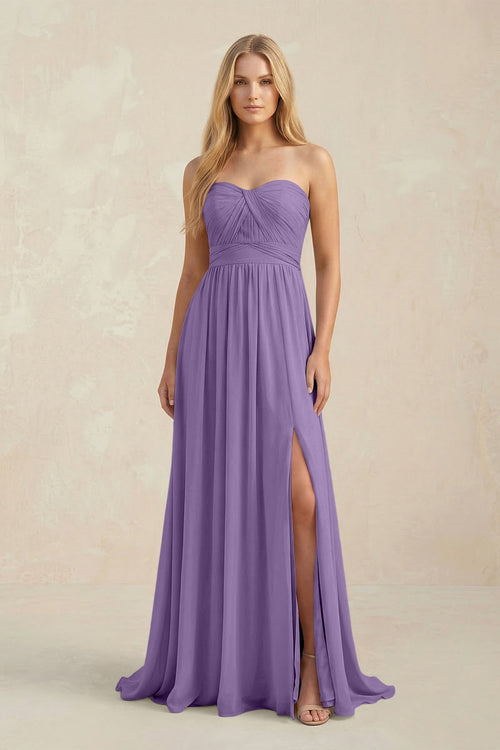 Strapless A - Line Pleated Chiffon Bridesmaid Dress With Slit in Tahiti - KissProm Bridesmaid Dresses