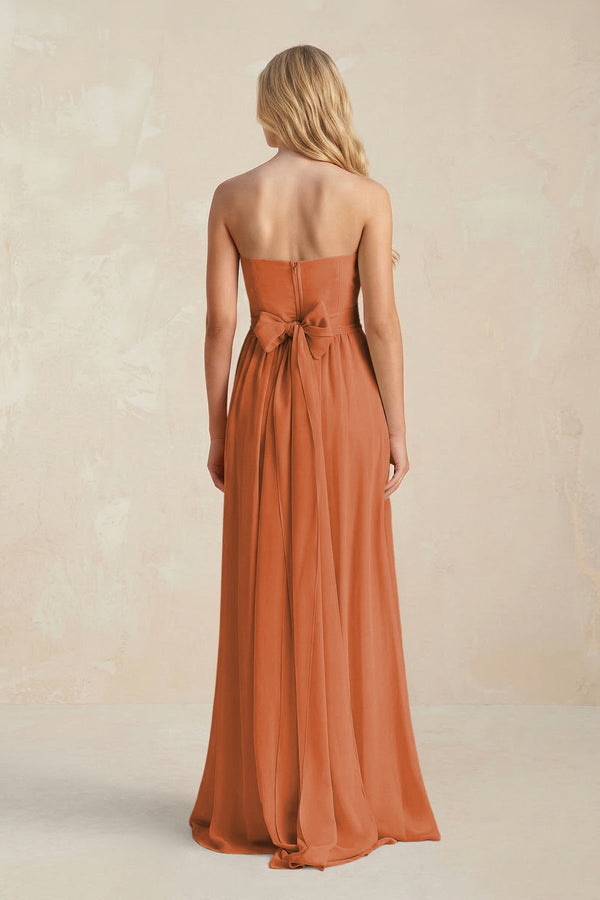 Strapless A - Line Pleated Chiffon Bridesmaid Dress With Slit in Terracotta - KissProm Bridesmaid Dresses