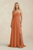 Strapless A - Line Pleated Chiffon Bridesmaid Dress With Slit in Terracotta - KissProm Bridesmaid Dresses