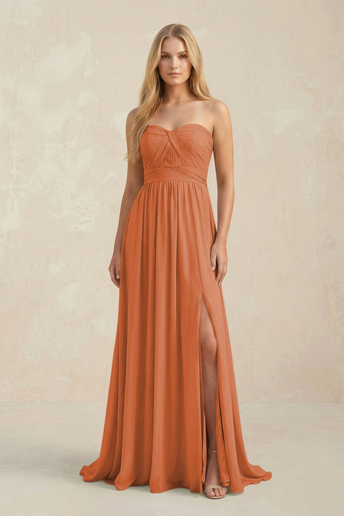 Strapless A - Line Pleated Chiffon Bridesmaid Dress With Slit in Terracotta - KissProm Bridesmaid Dresses