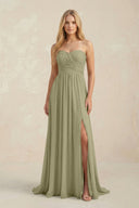 Strapless A - Line Pleated Chiffon Bridesmaid Dress With Slit in Thyme - KissProm Bridesmaid Dresses