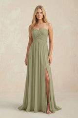 Strapless A - Line Pleated Chiffon Bridesmaid Dress With Slit in Thyme - KissProm Bridesmaid Dresses