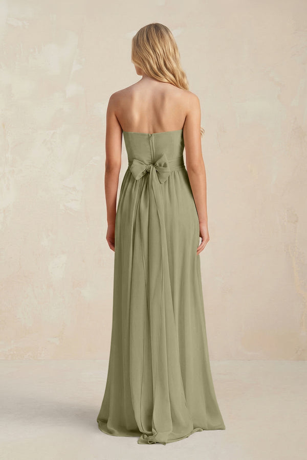 Strapless A - Line Pleated Chiffon Bridesmaid Dress With Slit in Thyme - KissProm Bridesmaid Dresses