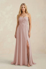 Strapless A - Line Pleated Chiffon Bridesmaid Dress With Slit in Toffee - KissProm Bridesmaid Dresses