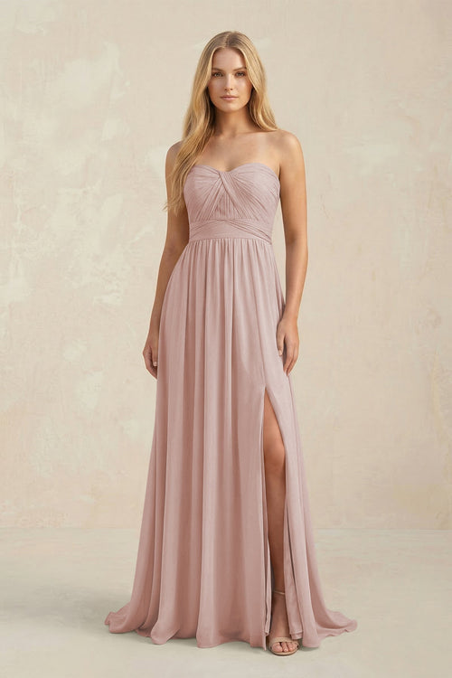 Strapless A - Line Pleated Chiffon Bridesmaid Dress With Slit in Toffee - KissProm Bridesmaid Dresses