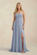 Strapless A - Line Pleated Chiffon Bridesmaid Dress With Slit in Twilight - KissProm Bridesmaid Dresses