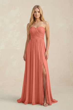 Strapless A - Line Pleated Chiffon Bridesmaid Dress With Slit in Wild Rose - SHE IS ME Bridesmaid 