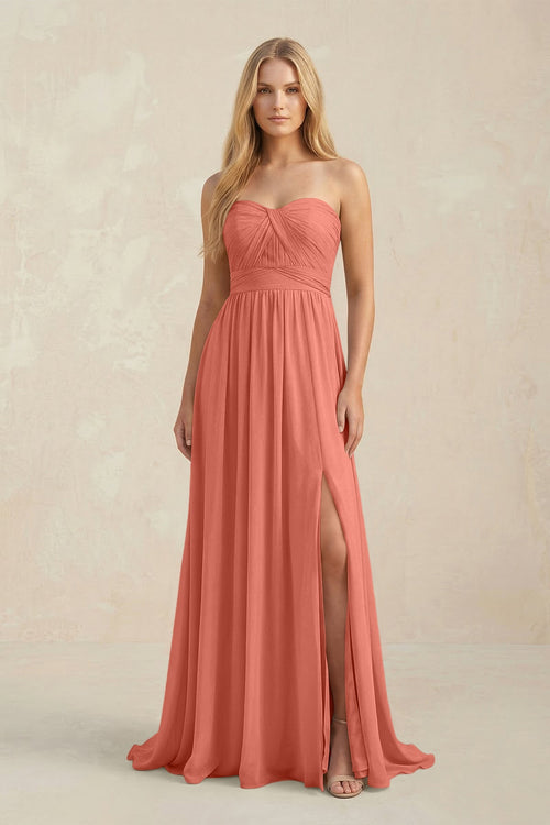 Strapless A - Line Pleated Chiffon Bridesmaid Dress With Slit in Wild Rose - SHE IS ME Bridesmaid 