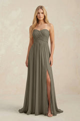 Strapless A - Line Pleated Chiffon Bridesmaid Dress With Slit in Willow Green - KissProm Bridesmaid Dresses