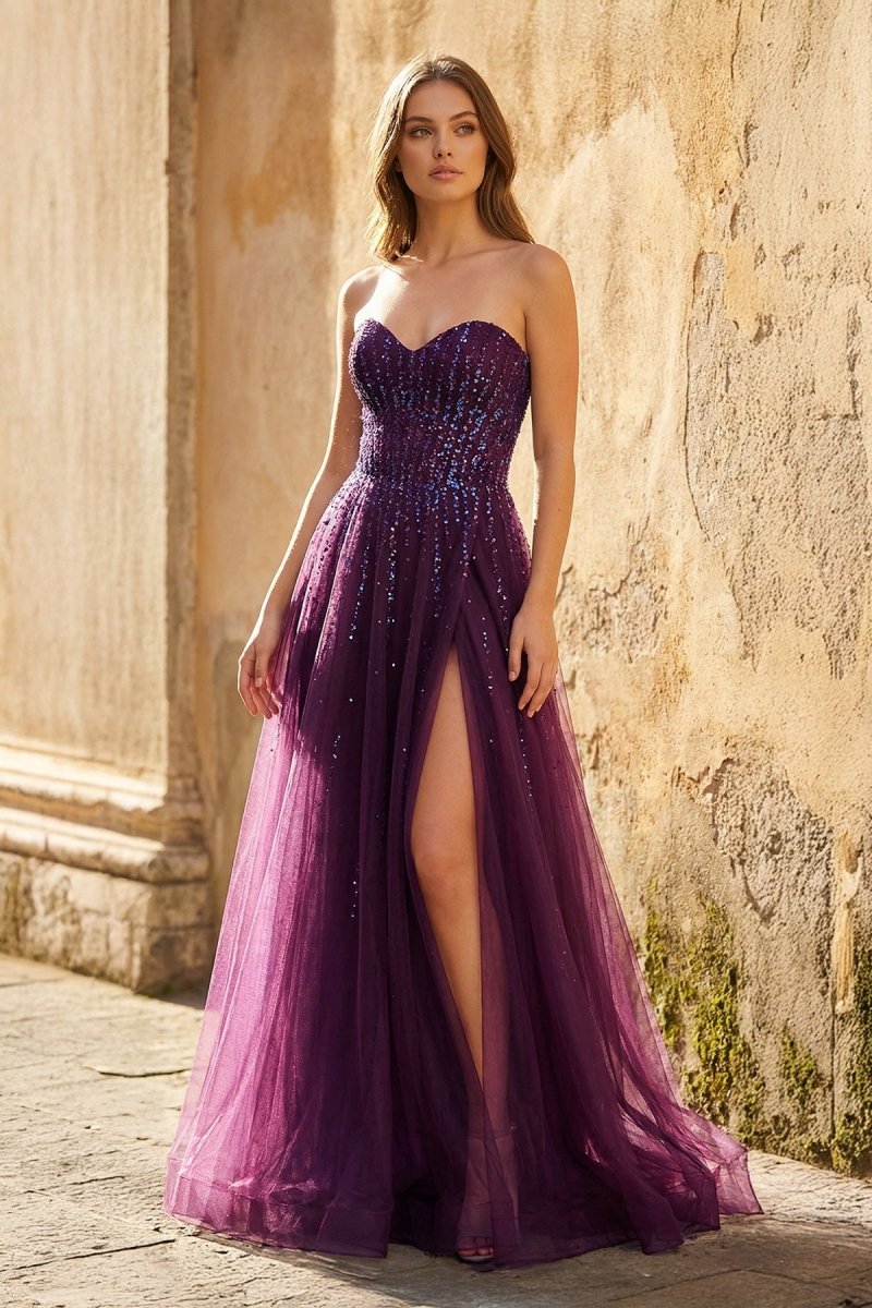 Sweetheart A - line Plum Tulle Prom Dress with Slit - KissProm