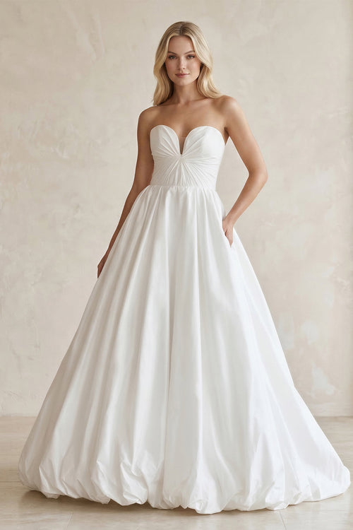 Sweetheart Ball Gown Ruched Satin Wedding Dress in White, White / 6 Sweetheart Ball Gown Ruched Satin Wedding Dress in White, White / 6