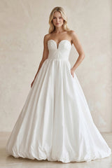 Sweetheart A - Line Ruched Satin Wedding Dress in White - KissProm Wedding Dresses