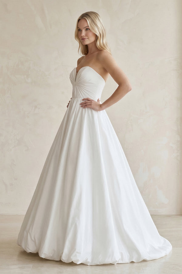 Sweetheart A - Line Ruched Satin Wedding Dress in White - KissProm Wedding Dresses