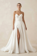 White Satin Long A-Line Wedding Dress with Slit – Wedding Dresses by KissProm | Available at KissProm