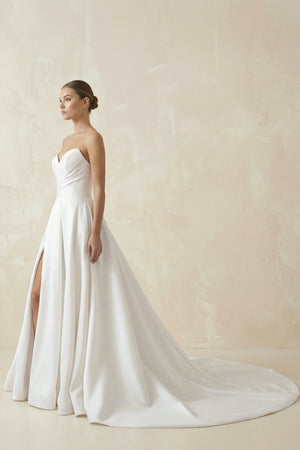 White Satin Long A-Line Wedding Dress with Slit – Wedding Dresses by KissProm | Available at KissProm