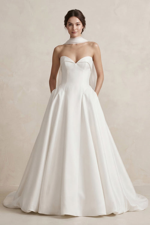Sweetheart A - Line Satin Ball Gown Wedding Dress in White - KissProm Wedding Dresses