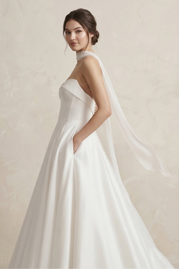Sweetheart A - Line Satin Ball Gown Wedding Dress in White - KissProm Wedding Dresses