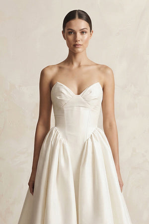 Sweetheart A - Line Satin Corset Wedding Dress in Ivory - KissProm Wedding Dresses