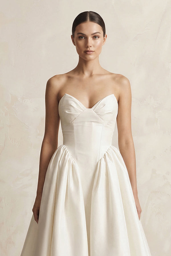 Sweetheart A - Line Satin Corset Wedding Dress in Ivory - KissProm Wedding Dresses