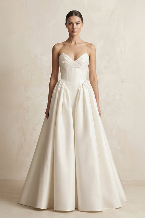 Sweetheart A - Line Satin Corset Wedding Dress in Ivory - KissProm Wedding Dresses