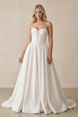 Sweetheart A - Line Satin Corset Wedding Dress in White - KissProm Wedding Dresses