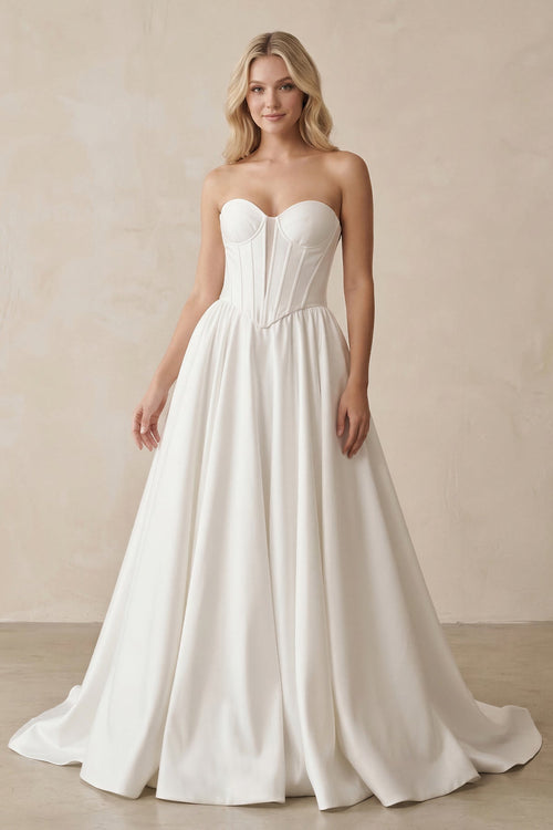 Sweetheart A - Line Satin Corset Wedding Dress in White - KissProm Wedding Dresses