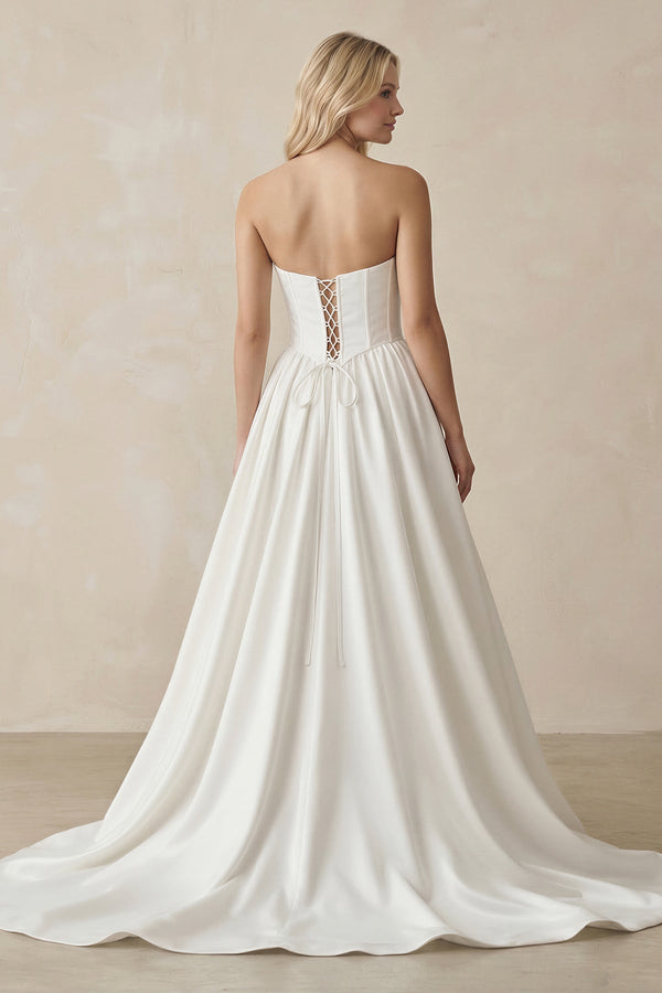 Sweetheart A - Line Satin Corset Wedding Dress in White - KissProm Wedding Dresses